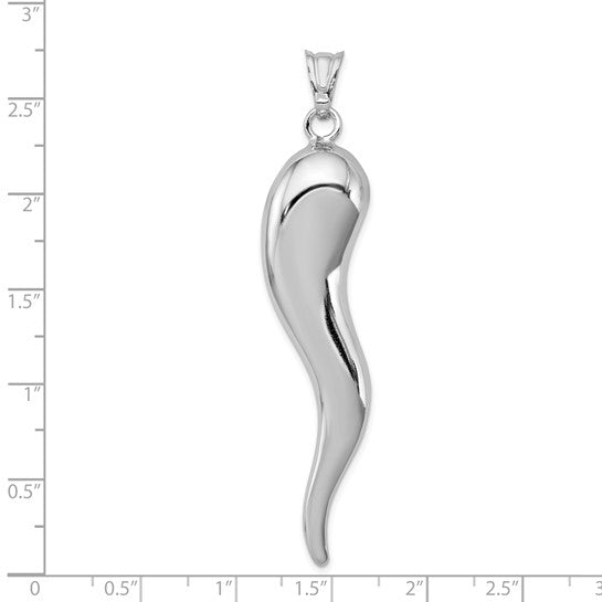 Sterling Silver White Gold Plated 3D Italian Horn Pendant