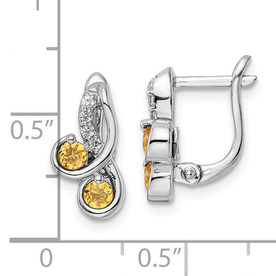 White Gold Plated Sterling Silver Natural Citrine &V White Topaz Hinged Earrings