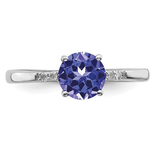 White Gold Filled Sterling Silver Natural Tanzanite & Diamond Round Cut Ring