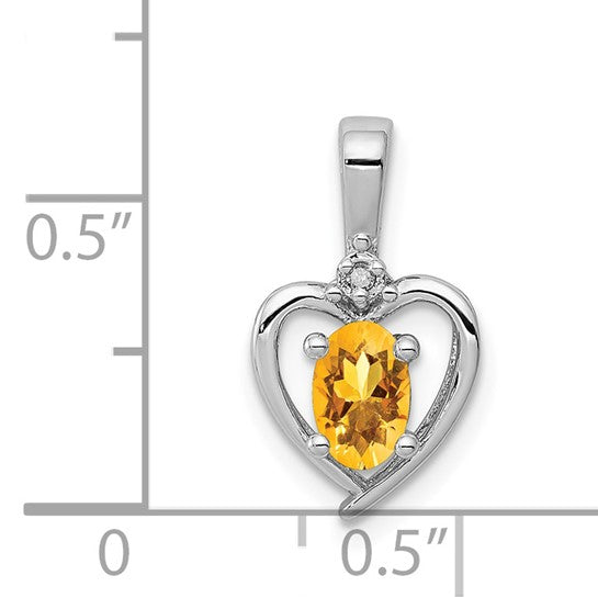 Sterling Silver White Gold Plated .5 Carat Heart Framed Natural Citrine & Diamond Pendant