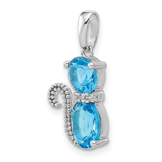 White Gold Filled Sterling Silver Blue Topaz Cat Pet Pendant