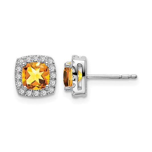 14K White Gold .5 Carat Natural Citrine Squared Diamond Halo Earrings