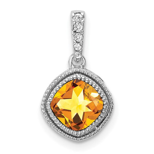 10K White Gold Cushion Natural Citrine & Diamond Pendant