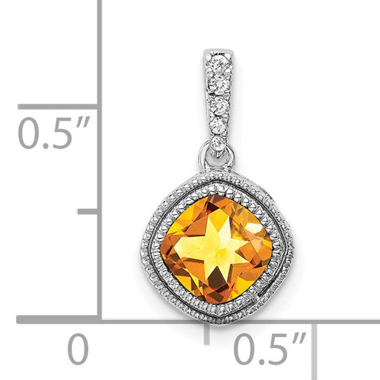 10K White Gold Cushion Natural Citrine & Diamond Pendant