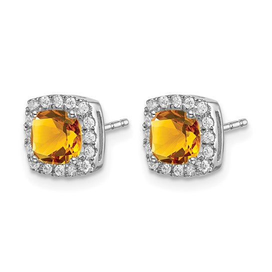 14K White Gold .5 Carat Natural Citrine Squared Diamond Halo Earrings
