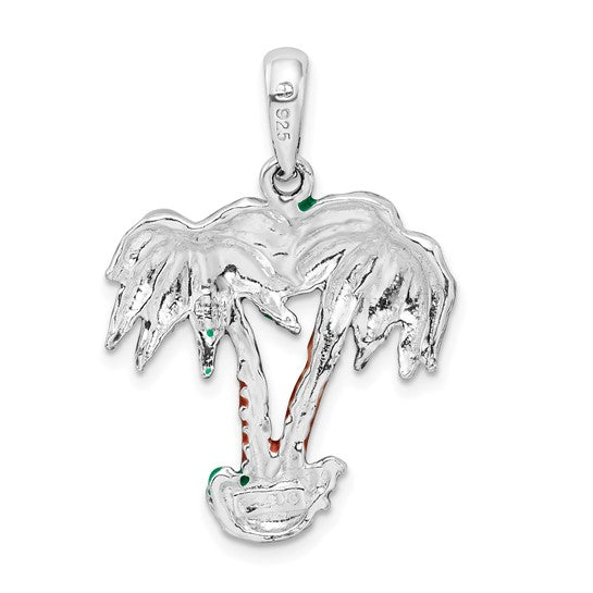 Sterling Silver Rhodium Plated Enameled Palm Tree Pendant