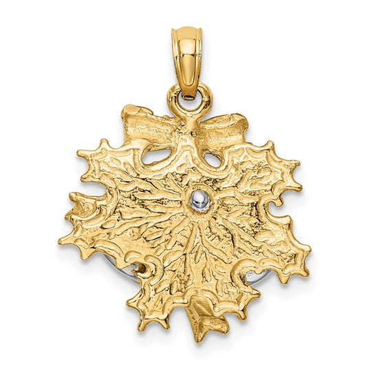 14K Yellow/White Gold Two Tone Holly & Christmas Bells Pendant