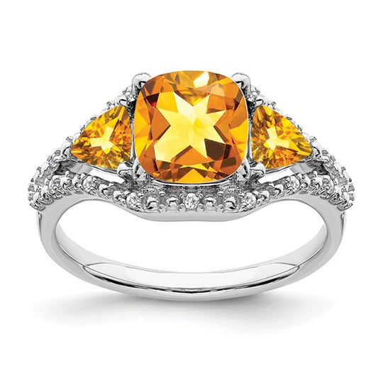 14K White Gold 3 Stone Natural Citrine & Diamond Ring