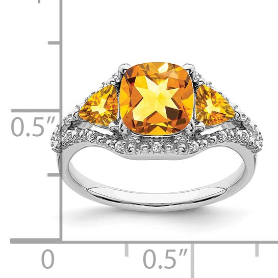 14K White Gold 3 Stone Natural Citrine & Diamond Ring