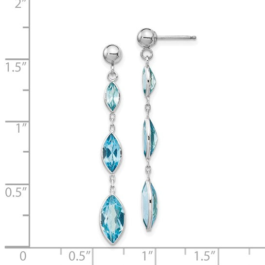 14K White Gold Tri Stone Blue Topaz Dangle Earrings