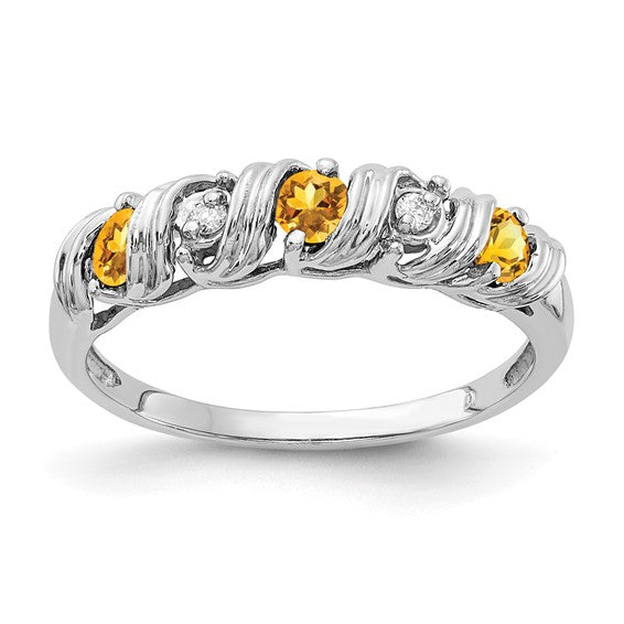 14K White Gold Natural Diamond & Citrine Band Style Ring
