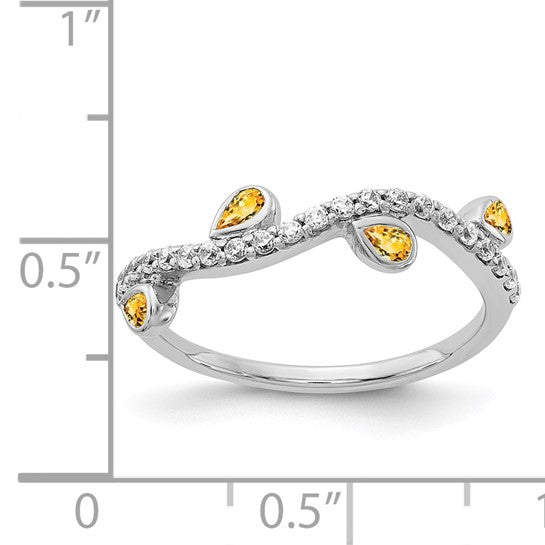 14K White Gold Natural Citrine & Diamond Leaf Band Ring