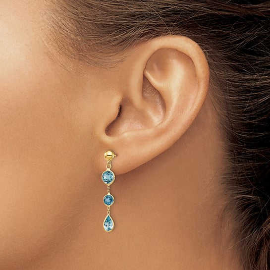 14K Yellow Gold 3 Stone Blue Topaz Fancy Dangle Earrings