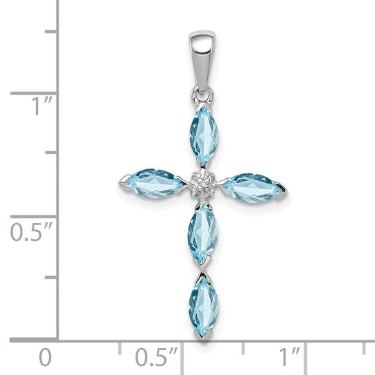 White Gold Filled Sterling Silver Slim Stone Blue Topaz Cross