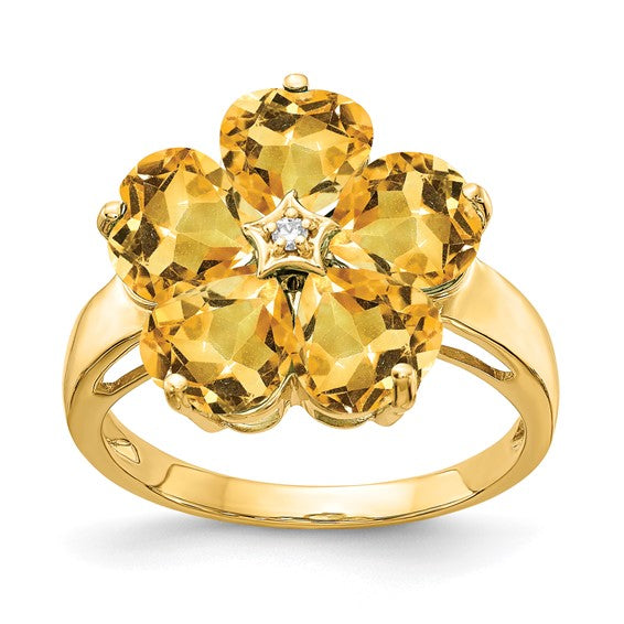 14K Yellow Gold Natural Citrine & Diamond Flower Ring