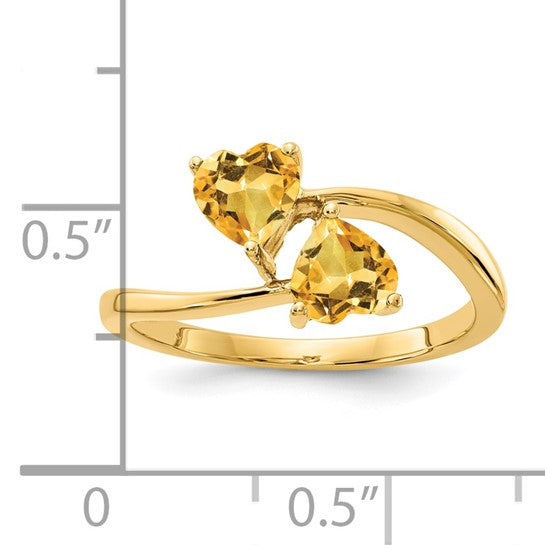14K Yellow Gold Natural Citrine Double Heart Wrap Around Ring