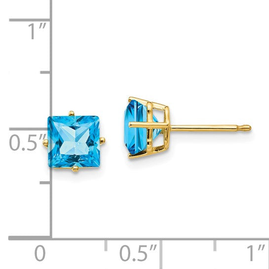 14K White/Yellow Gold 2.6 Carat Square Cut Blue Topaz Stud Earrings