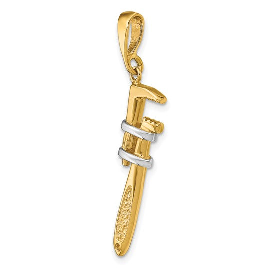 10K Yellow Gold Two Tone 3D Pipe Wrench Plumber Pendant