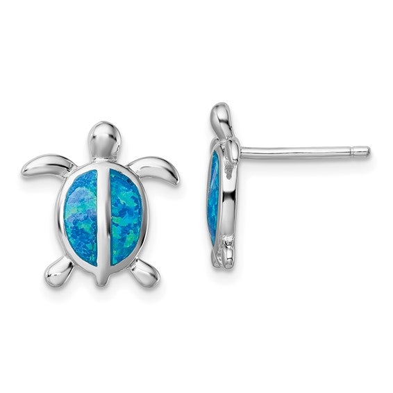 Sterling Silver White Gold Plated Lab Created Blue Opal Turtle Earrings