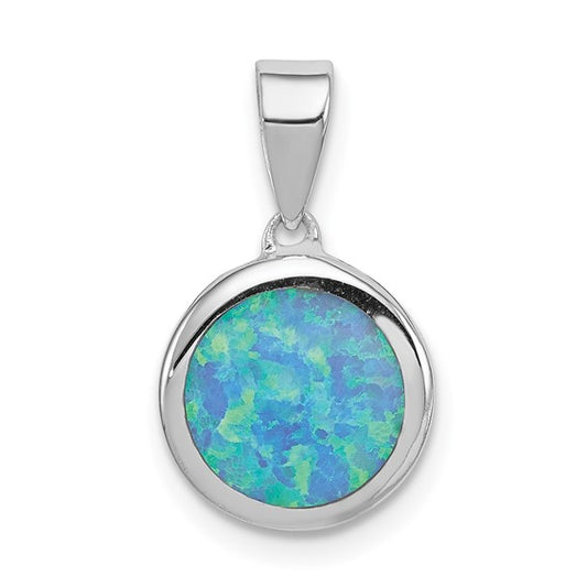 Sterling Silver White Gold Plated Lab Created Blue Opal Circle Stone Pendant