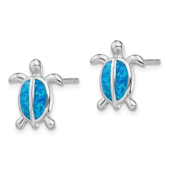 Sterling Silver White Gold Plated Lab Created Blue Opal Turtle Earrings
