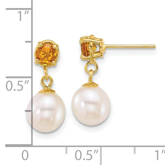 14K Yellow Gold Freshwater Cultured 7-8mm Pearl Earrings With Citrine Birthstone