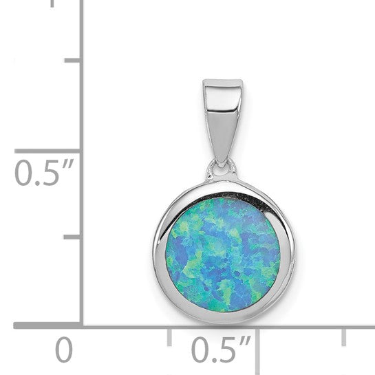 Sterling Silver White Gold Plated Lab Created Blue Opal Circle Stone Pendant