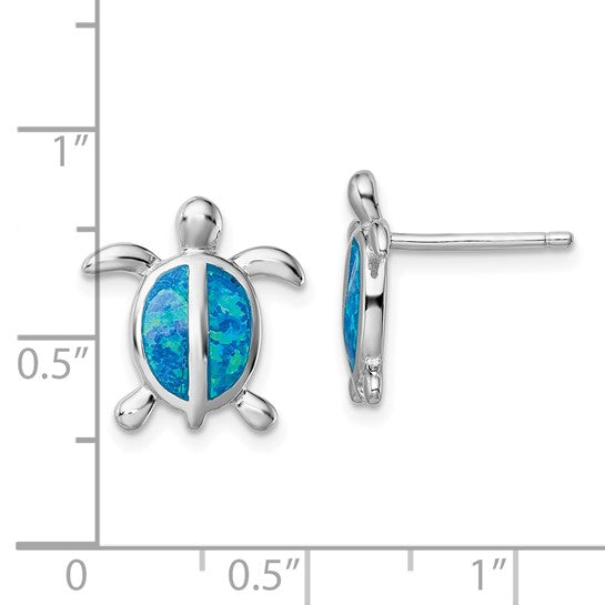 Sterling Silver White Gold Plated Lab Created Blue Opal Turtle Earrings