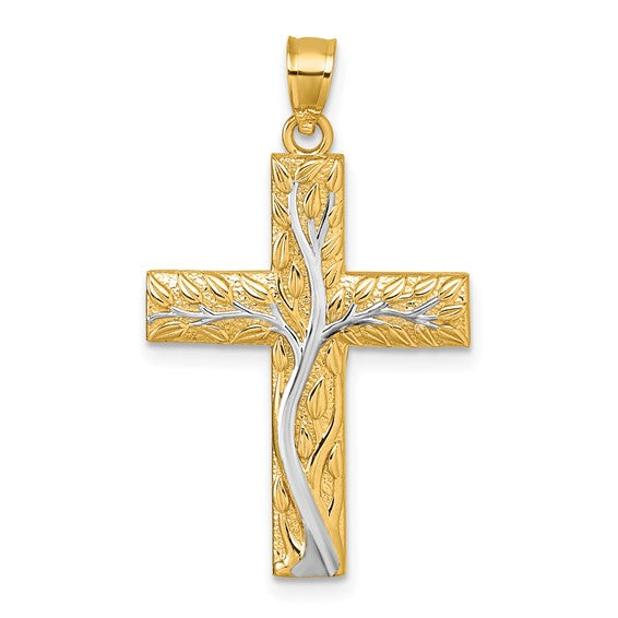 14K Gold Vine Cross Pendant Two Tone