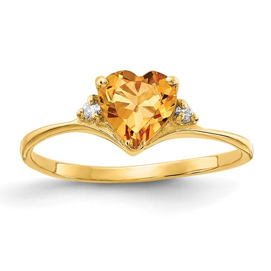 14K Yellow Gold Solitaire Heart Stone Natural Citrine & Diamond