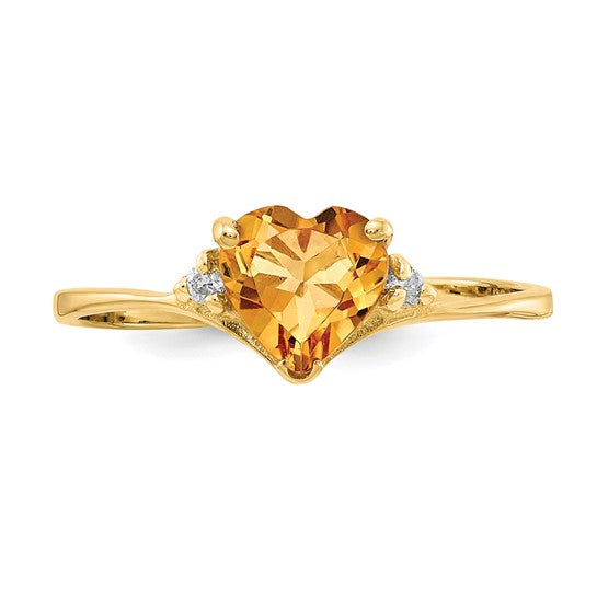 14K Yellow Gold Solitaire Heart Stone Natural Citrine & Diamond