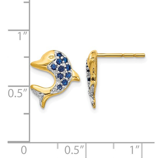 14K Yellow Gold Natural Sapphire & Diamond Dolphin Earrings