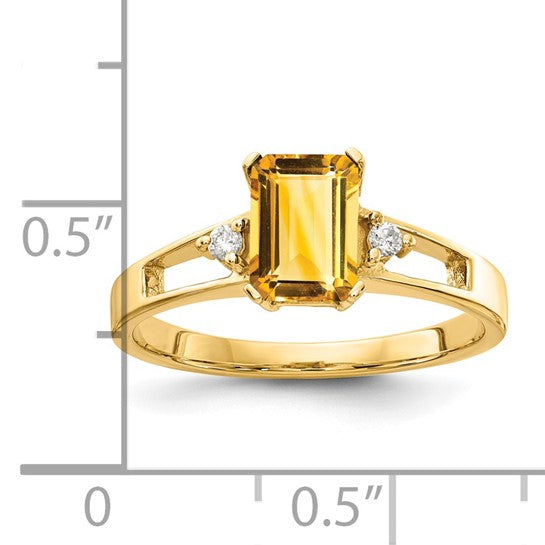 14K Yellow Gold Emerald Cut Natural Citrine & Diamond Ring