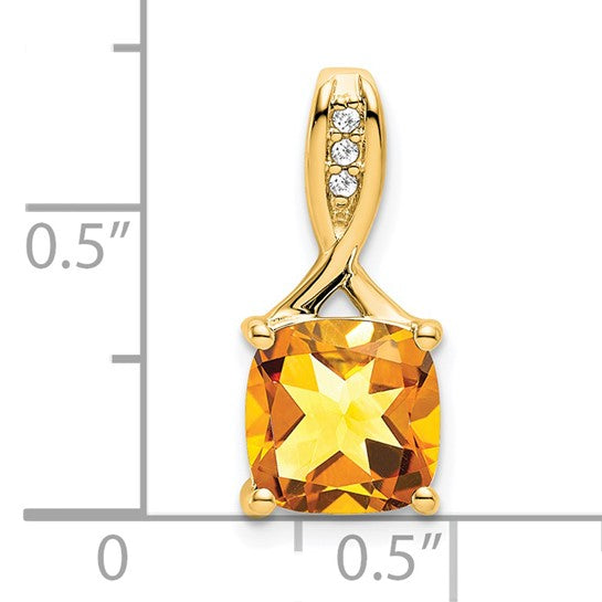 14K Yellow/White Gold 2 Carat Square Cut Natural Citrine With Diamond Accent Pendant