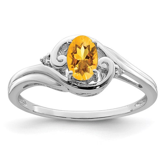 Sterling Silver White Gold Plated Natural Citrine & Diamond Fancy Ring