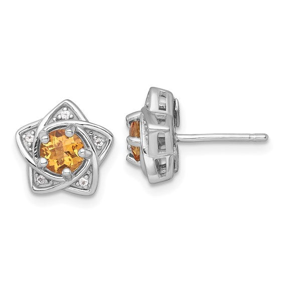 White Gold Plated Sterling Silver Natural Citrine & White Topaz Star Earrings