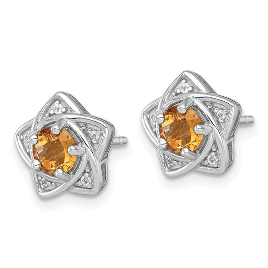 White Gold Plated Sterling Silver Natural Citrine & White Topaz Star Earrings