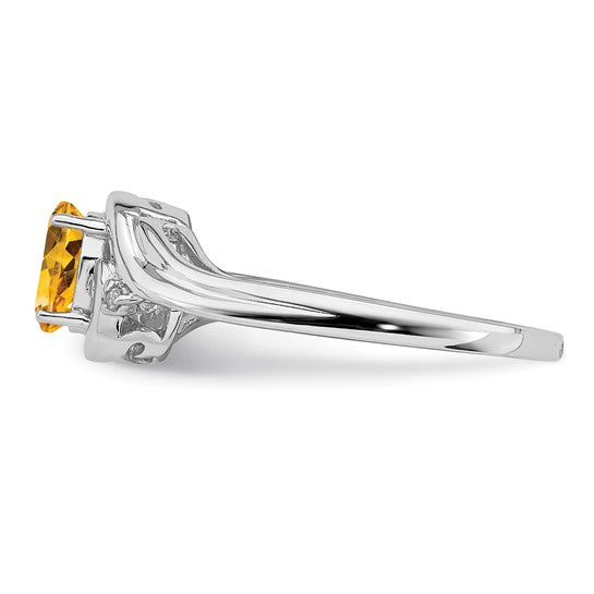 Sterling Silver White Gold Plated Natural Citrine & Diamond Fancy Ring