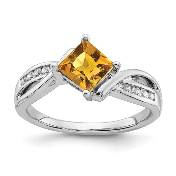 14K White Gold 1 Carat Square Natural Citrine & Diamond Ring