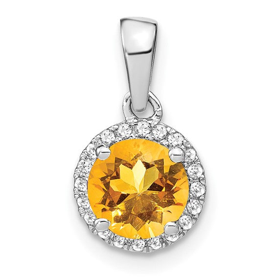 14K White Gold 1.5 Carat Round Natural Citrine Diamond Halo Pennant