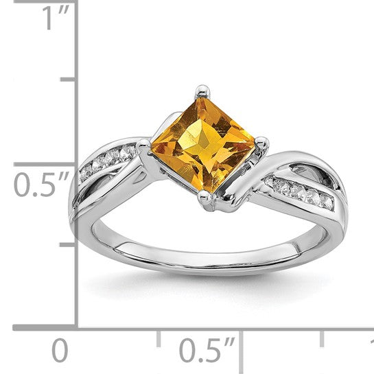 14K White Gold 1 Carat Square Natural Citrine & Diamond Ring