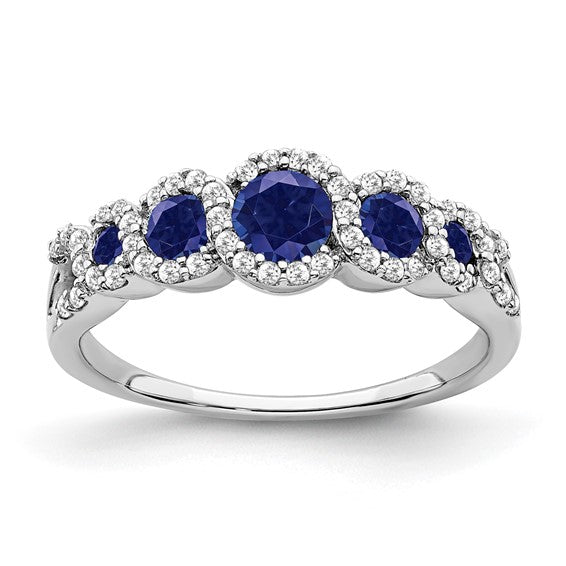 14K White Gold Sapphire & Diamond 5 Stone Halo Ring