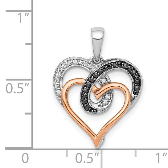 14K White/Rose Gold Two Tone White & Black Accent Double Heart Pendant
