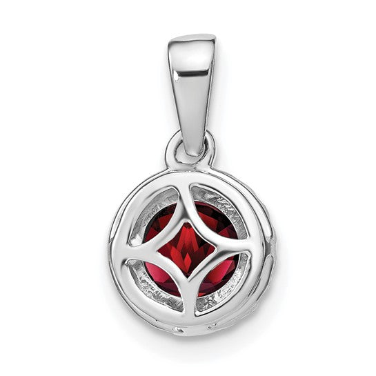 14K White Gold Circle Cut Natural Garnet & Diamond Halo Pendant