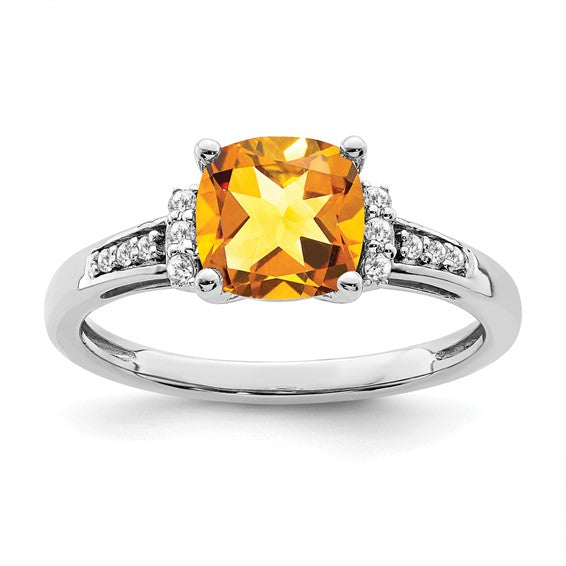 14K White Gold Center Cushion Stone Natural Citrine & Diamond Ring