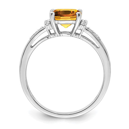14K White Gold Center Cushion Stone Natural Citrine & Diamond Ring