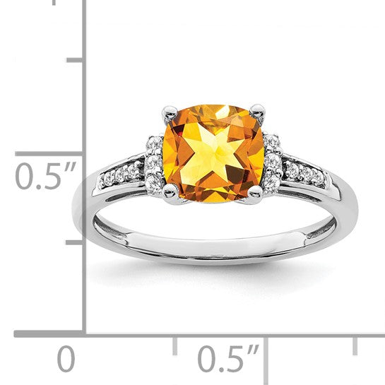 14K White Gold Center Cushion Stone Natural Citrine & Diamond Ring