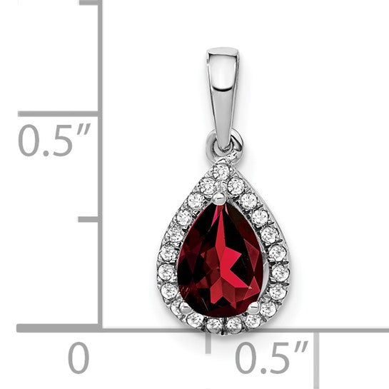 14K White Gold Pear Cut Natural Garnet & Diamond Halo Pendant