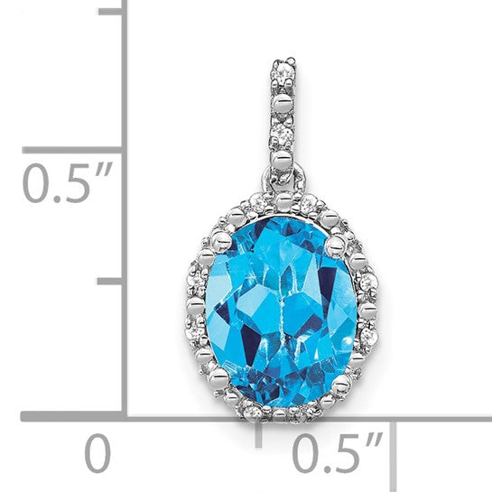 14K White Gold 2.5 Carat Oval Blue Topaz Diamond Halo Pendant