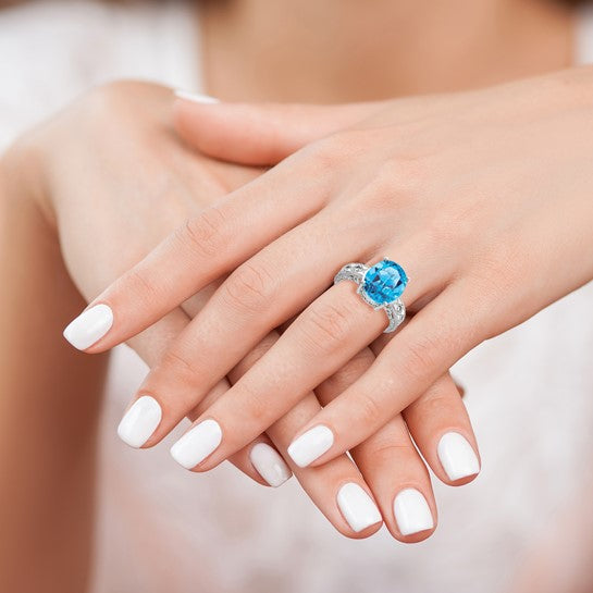 14K White Gold 6 Carat Blue Topaz Diamond Cut Ring